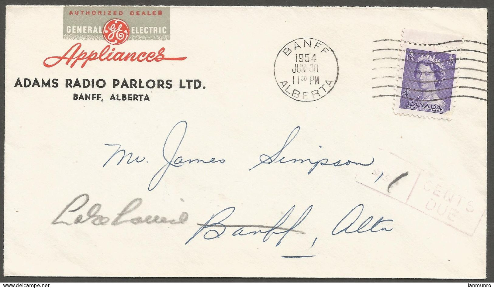 1954 Adams Radio GE Appliances Advertising Cover 4c Banff Alberta Postage Due - Histoire Postale