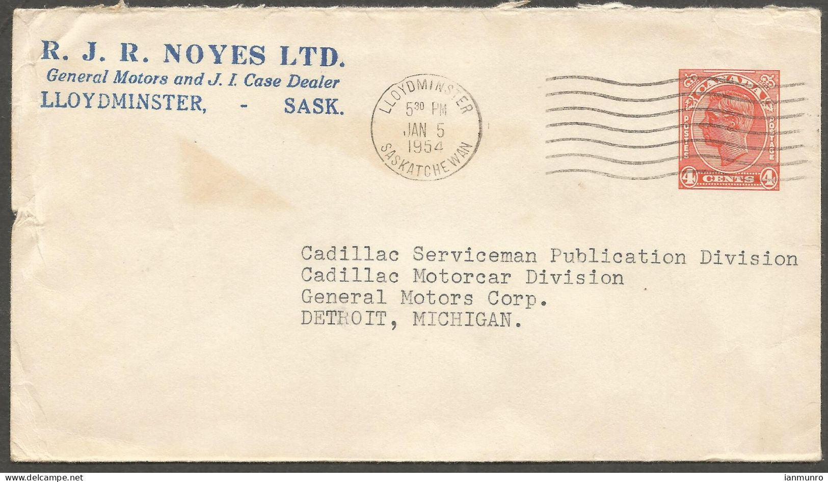 1954 Noyes GM And Case Dealer Advertising Cover 4c GVI PSE Lloydminster Saskatchewan - Historia Postale