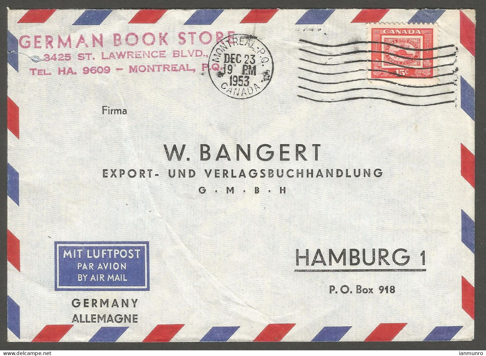 1953 German Book Store CC Airmail Cover 15c Capex Beaver Montreal PQ Quebec To Germany - Historia Postale