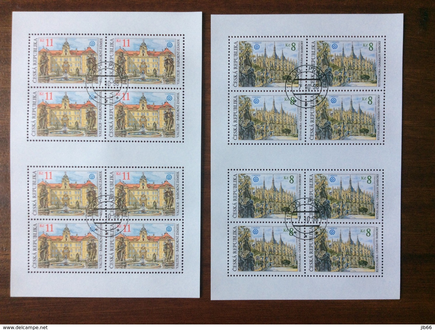 1998 Monuments 2 Feuillets De 8 Timbres Oblitéré Unesco  Kutna Hora Et Valtice YT 187 188 - Blocs-feuillets