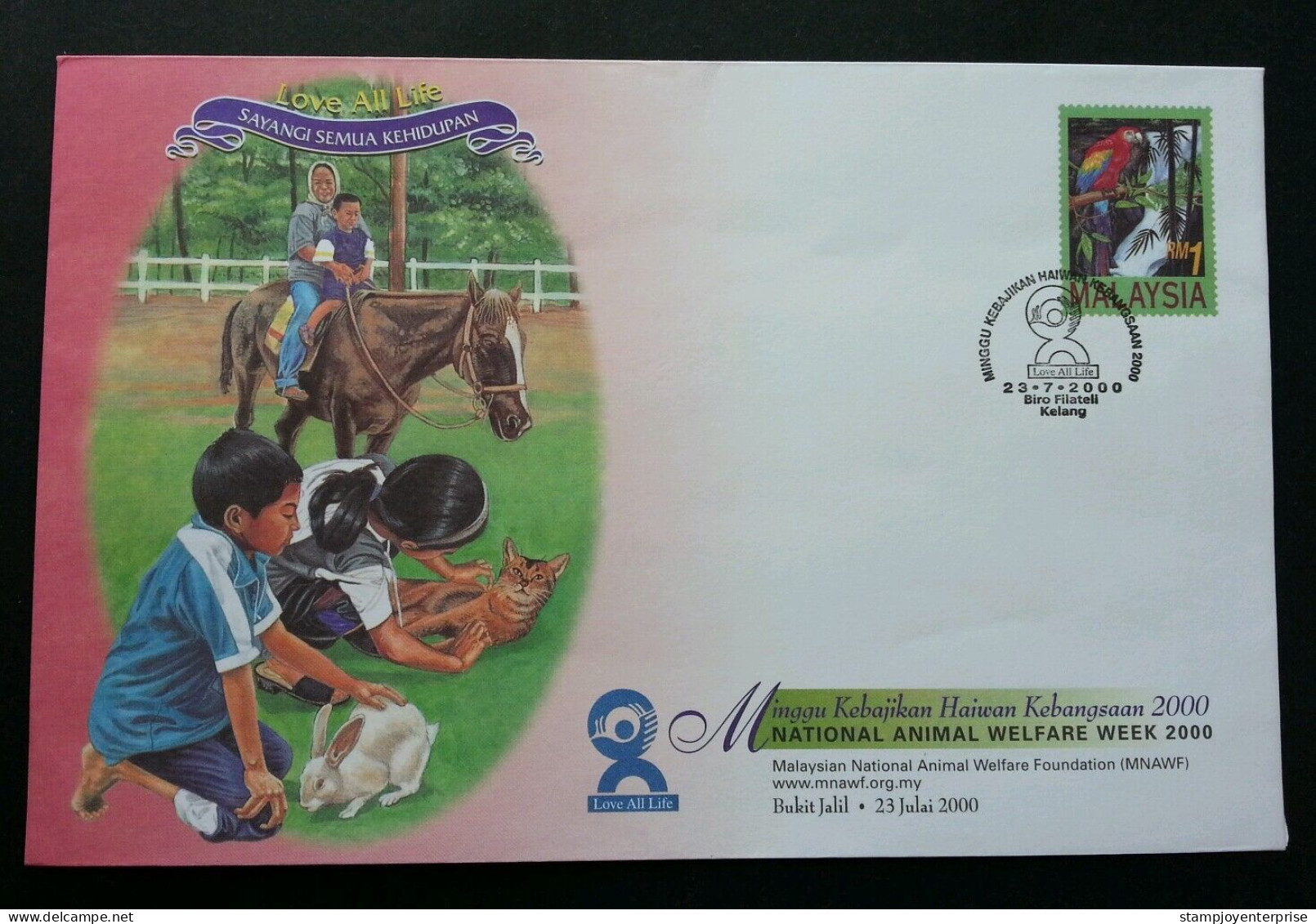 Malaysia National Animal Welfare Week 2000 Horse Cat Rabbit Parrot Birds Pet (pre-stamp FDC) - Malaysia (1964-...)