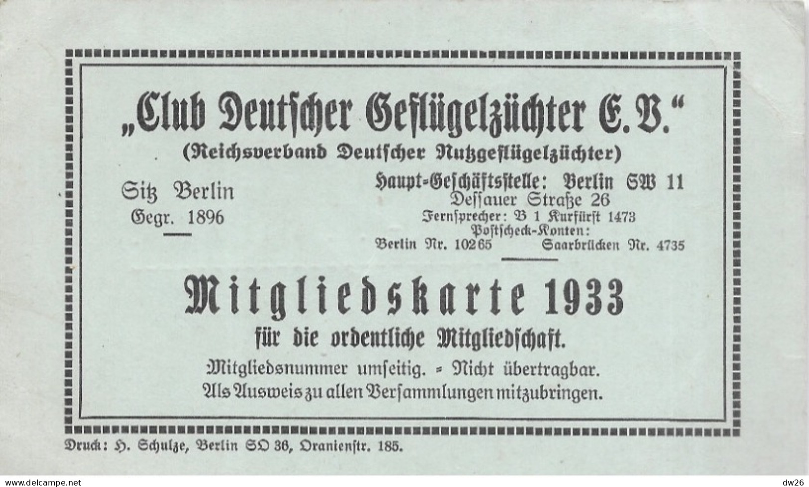 Carte De Membre - Mitgliedskarte Club Deutscher Geflügelzüchter 1933 (Eleveurs De Volailles) Martha Klicks - Membership Cards