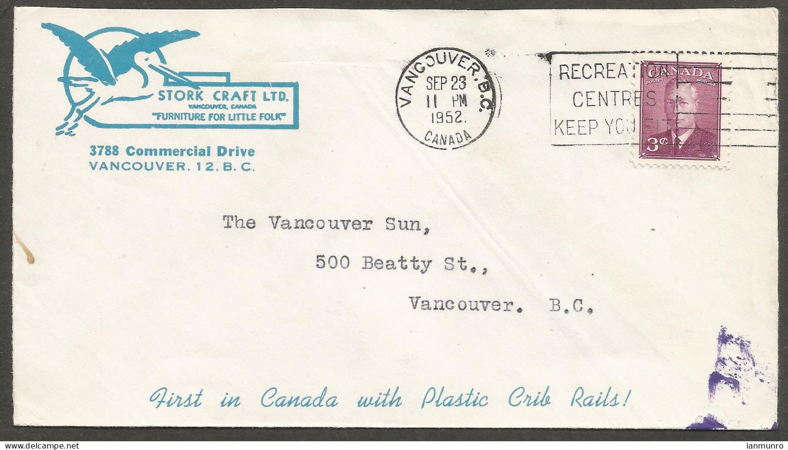 1952 Stork Craft Baby Furniture Illustrated Advertising Cover 3c Vancouver BC - Historia Postale