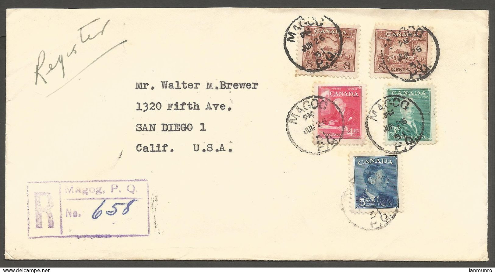 1951 Registered Cover 28c Colourful GVI Multi Franking CDS Magog Quebec PQ To USA - Histoire Postale