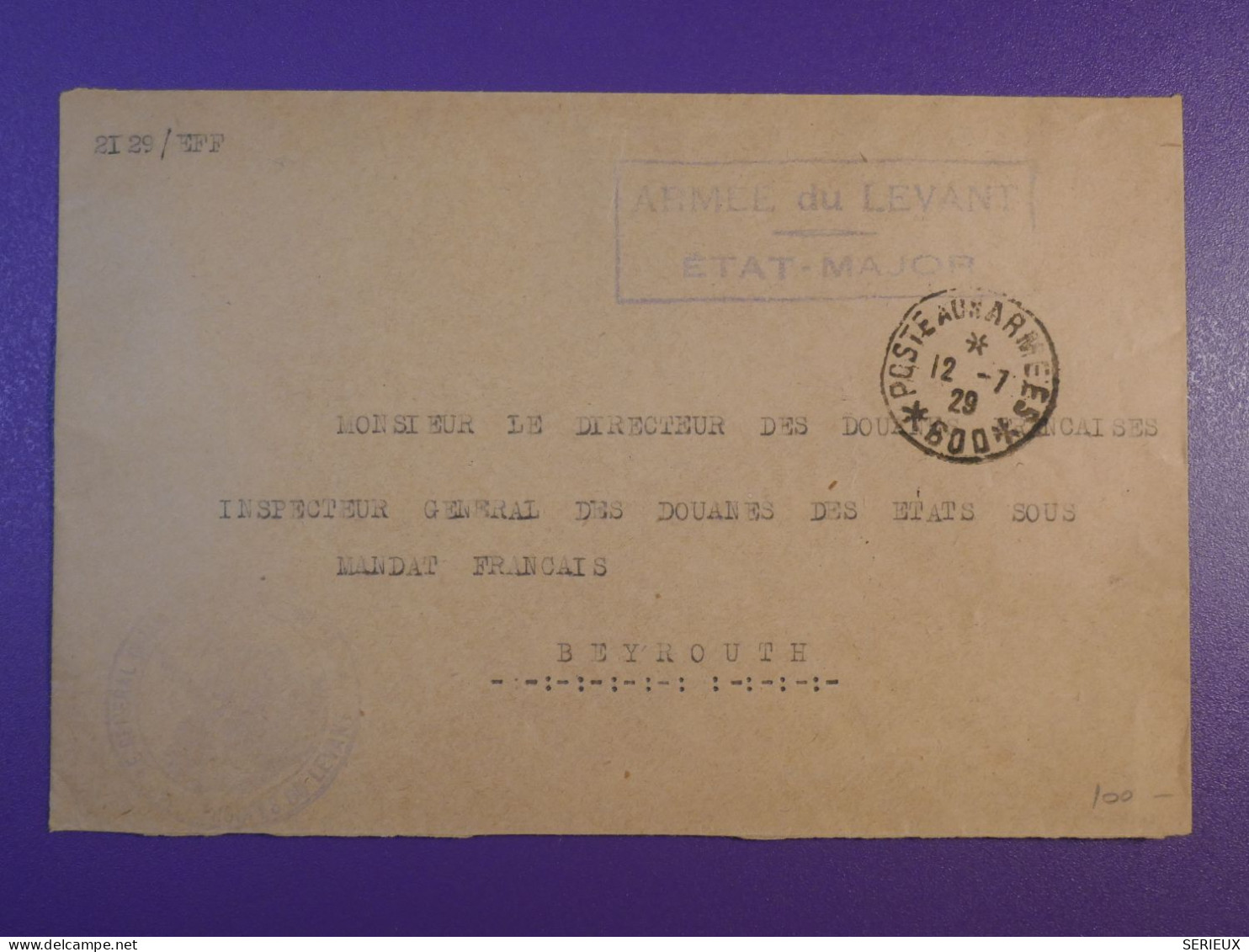 Q0  SYRIE O.M. FRANCE  LETTRE FM RARE   1929 ARMEE DU LEVANT   A BEYROUTH  +AFF. INTERESSANT++ - Briefe U. Dokumente