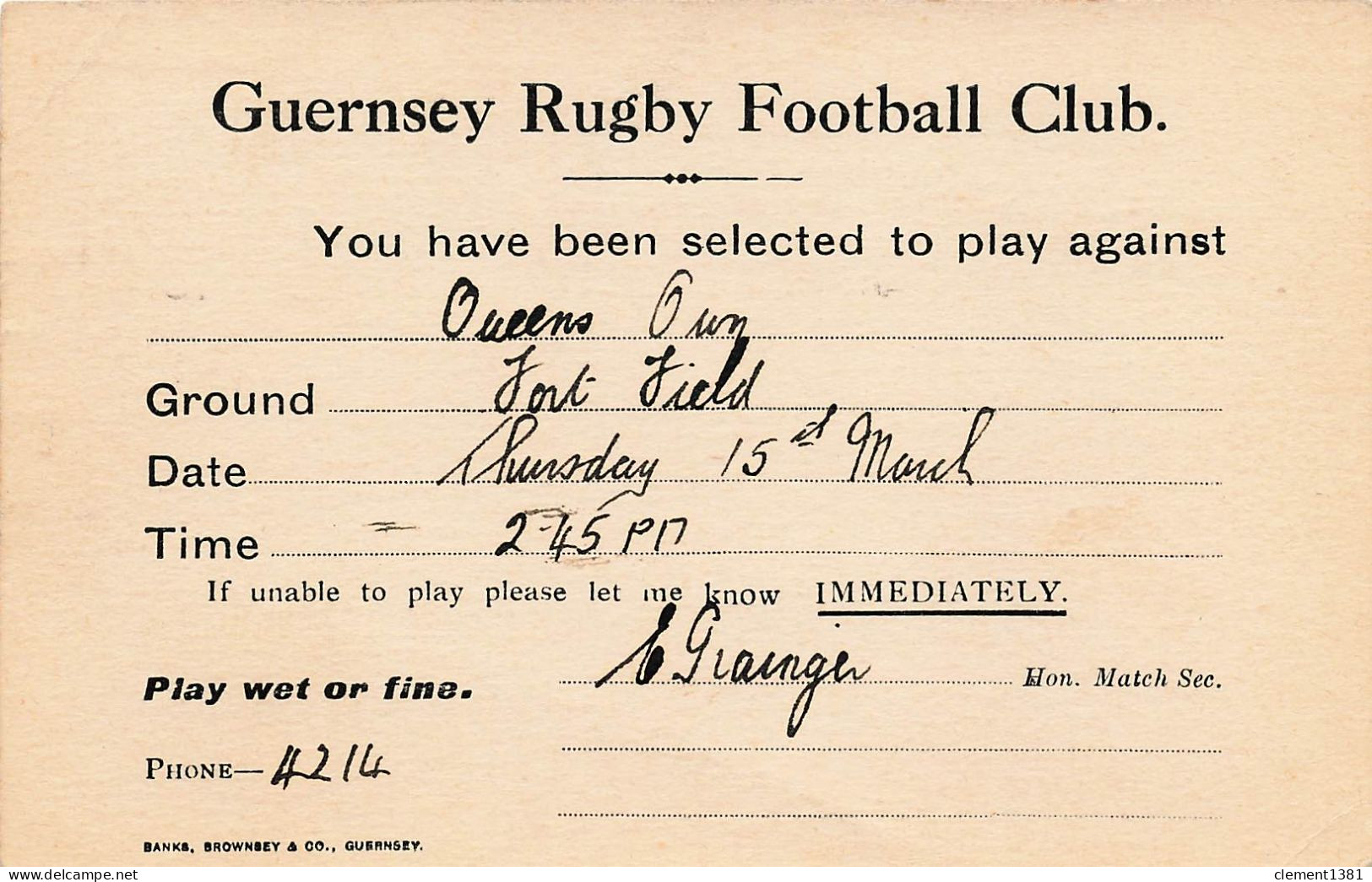 RUGBY Carte De Convocation Pour Un Match GUERNSEY Rugby Football Club - Rugby