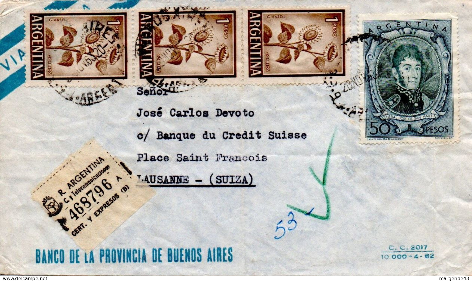 ARGENTINE AFFRANCHISSEMENT COMPOSE SUR  LETTRE RECOMMANDEE POUR LA SUISSE 1963 - Covers & Documents