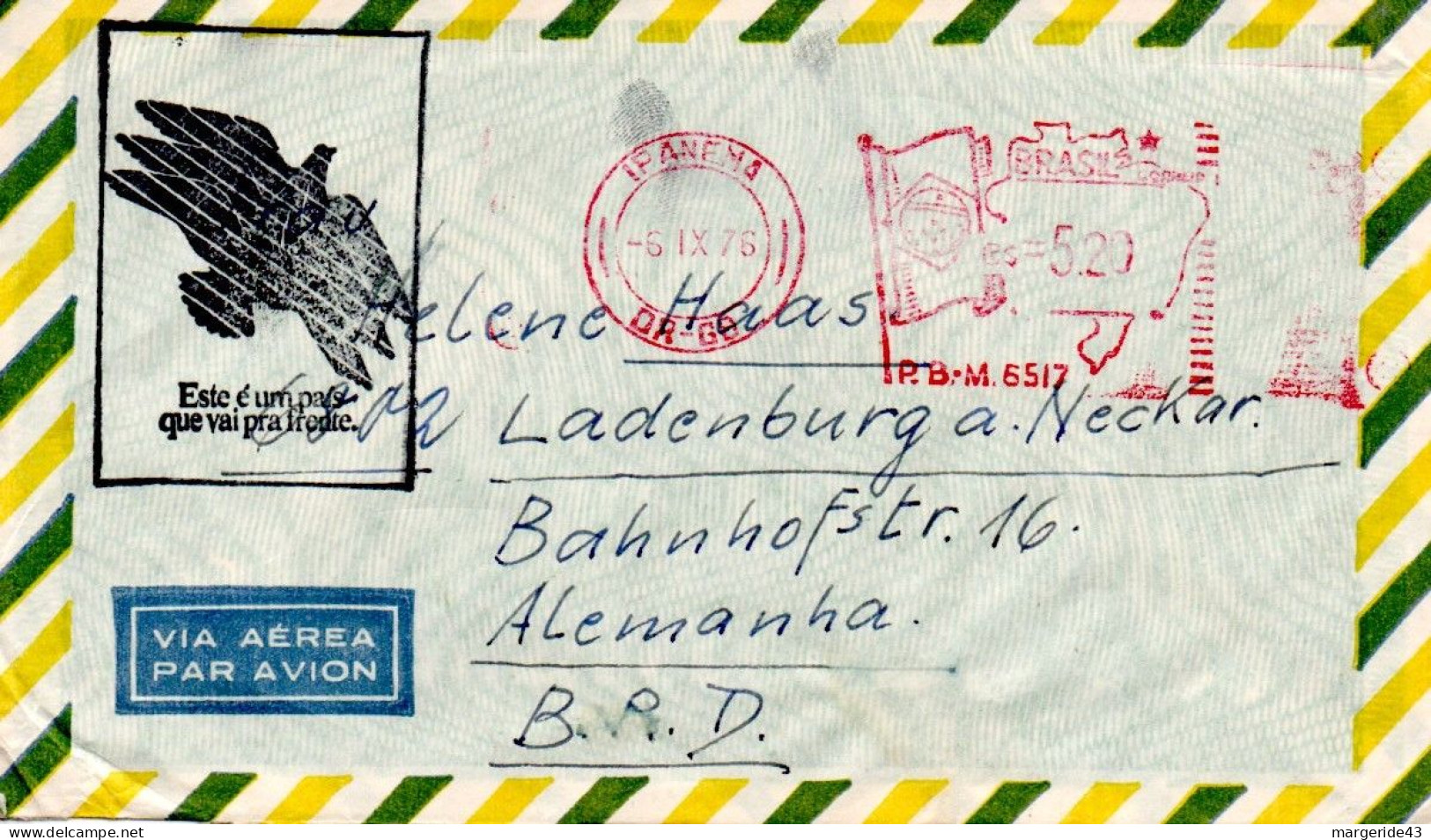 BRESIL EMA SUR LETTRE DE IPANEMA POUR L'ALLEMAGNE 1976 - Lettres & Documents