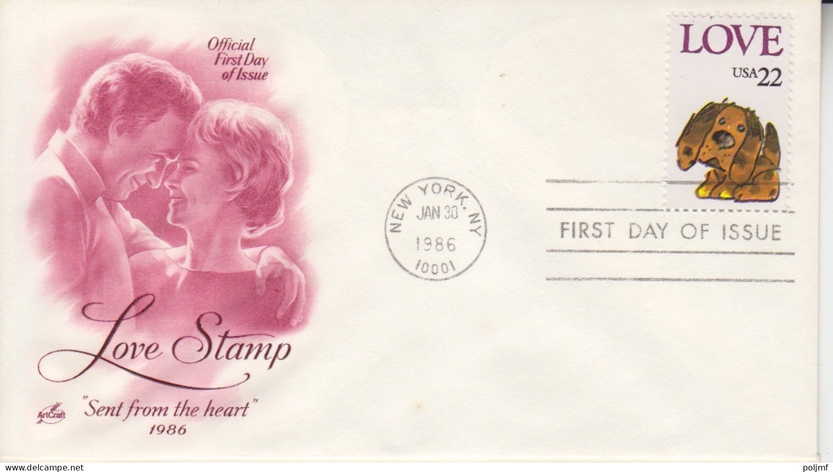 FDC "Love Stamp" Obl. New York Le 30 Jan 1986 Sur N° 1619 "Love, Chien" - Brieven En Documenten