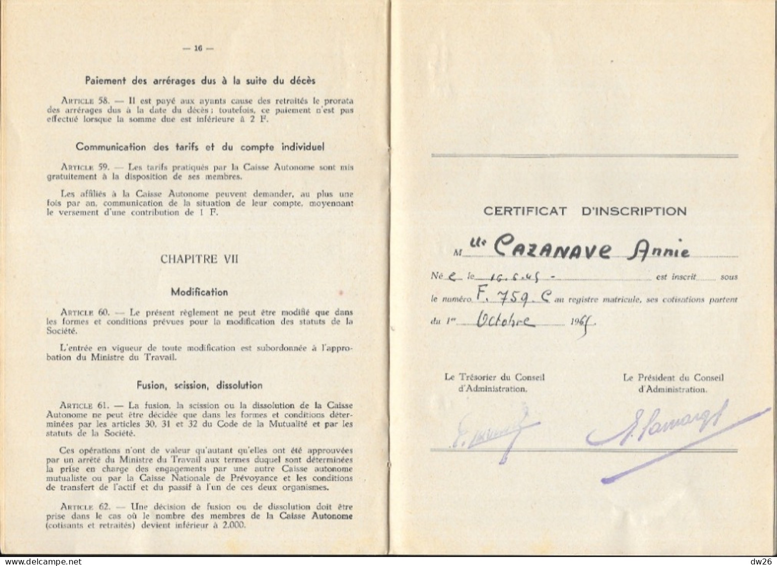 Livret Individuel, Caisse Autonome De Retraites: Union Des Travailleurs De France - Cazanave Annie 1965 - Banco & Caja De Ahorros