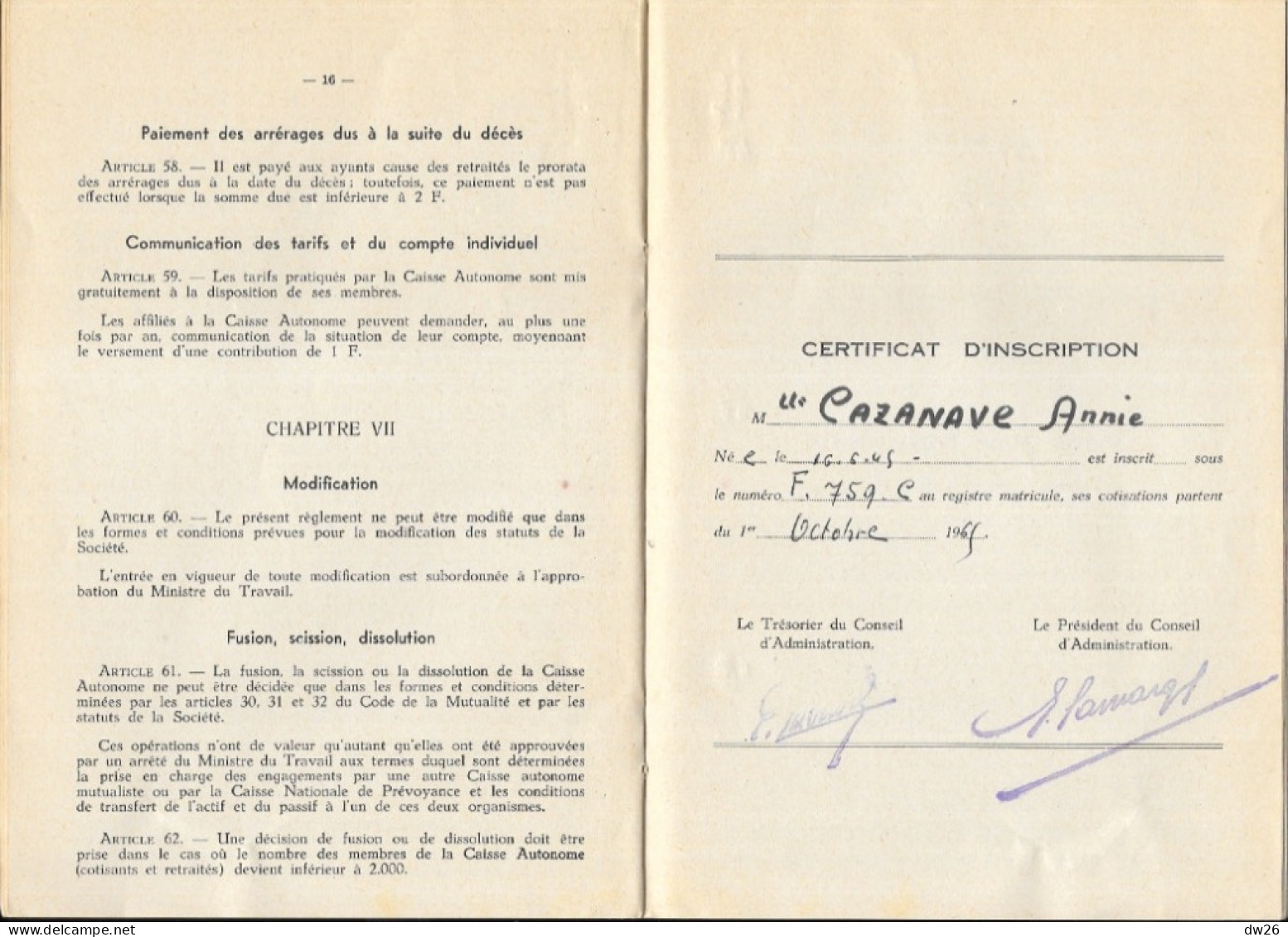 Livret Individuel, Caisse Autonome De Retraites: Union Des Travailleurs De France - Cazanave Annie 1965 - Bank & Versicherung