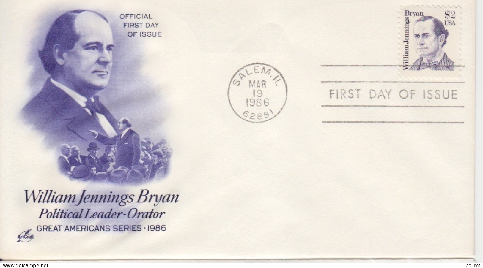 FDC "William Jennings Bryan" Obl. Salem Le 19 Mar 1986 Sur N° 1631 "W.J. Bryan" - Storia Postale