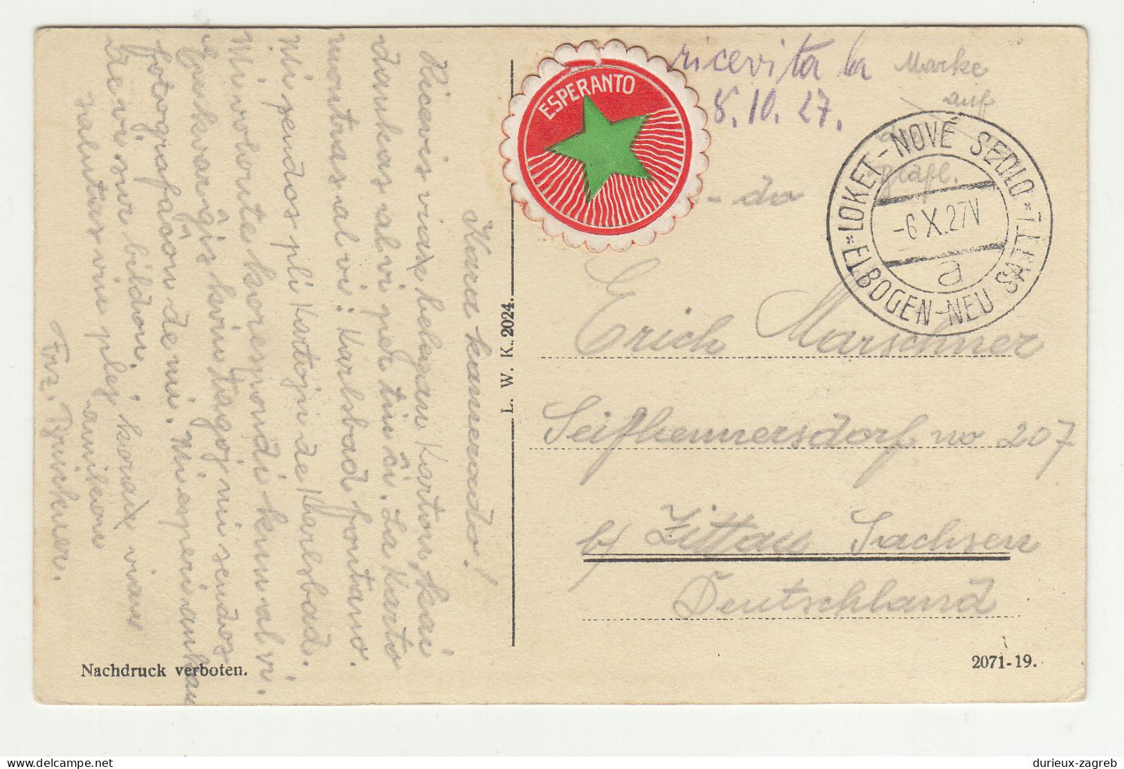 Esperanto Sticker On Old Postcard Karlsbad Posted 1927 Loket - Nove Sedlo To Zittau B230610 - Esperanto