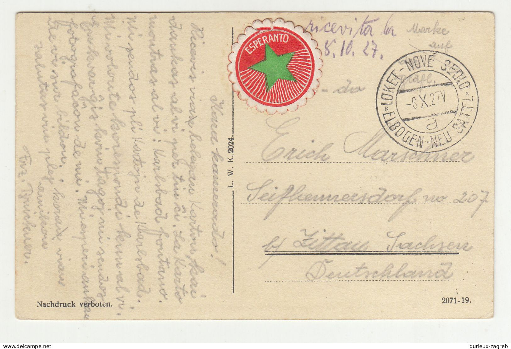 Esperanto Sticker On Old Postcard Karlsbad Posted 1927 Loket - Nove Sedlo To Zittau B230610 - Esperánto