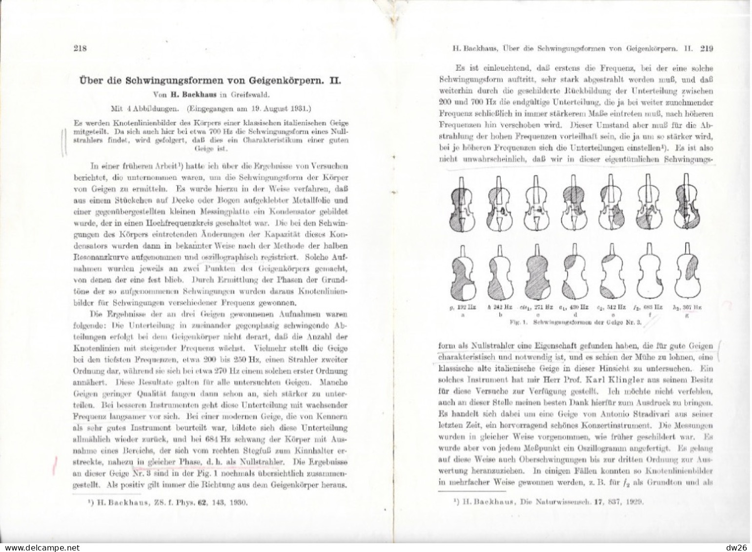 Revue De Physique - Zeitschrift Für Physik Von Karl Scheel - Über Die Schwingungsformen Von Geigenkörpern 1931 - Technique