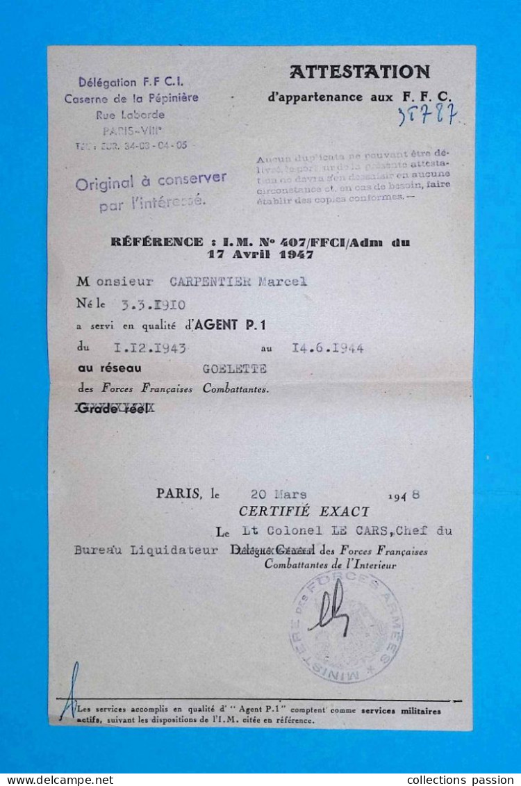 Militaria, Attestation D'appartenance Aux Forces Françaises Combattantes De L'Intérieur, F.F.C., 1948, Frais Fr 1.65 E - Documenti