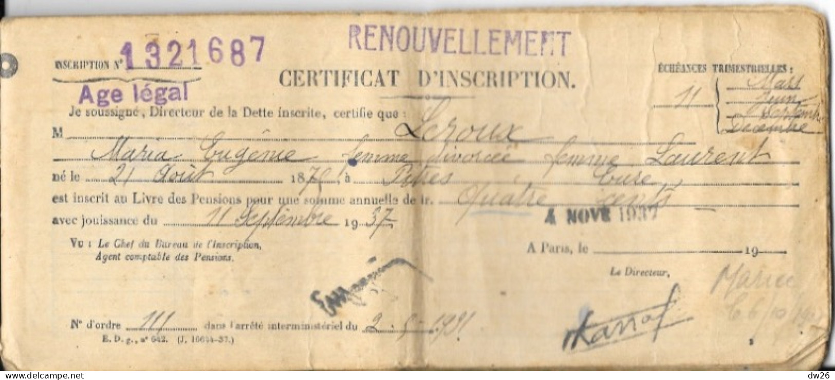 Carnet De Pensions Aux Ascendants De Militaires 1937 - Mme Maria Leroux Laurent à Delbeuf (Seine Inférieure) - Documents