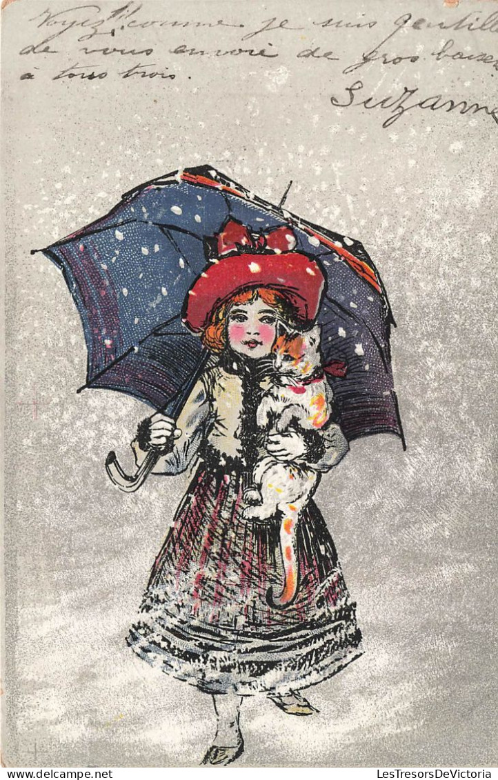 ILLUSTRATEUR NON SIGNE - Fllette Dans La Neige Avec Un Chat Dans Les Bras - Carte Postale - Non Classés