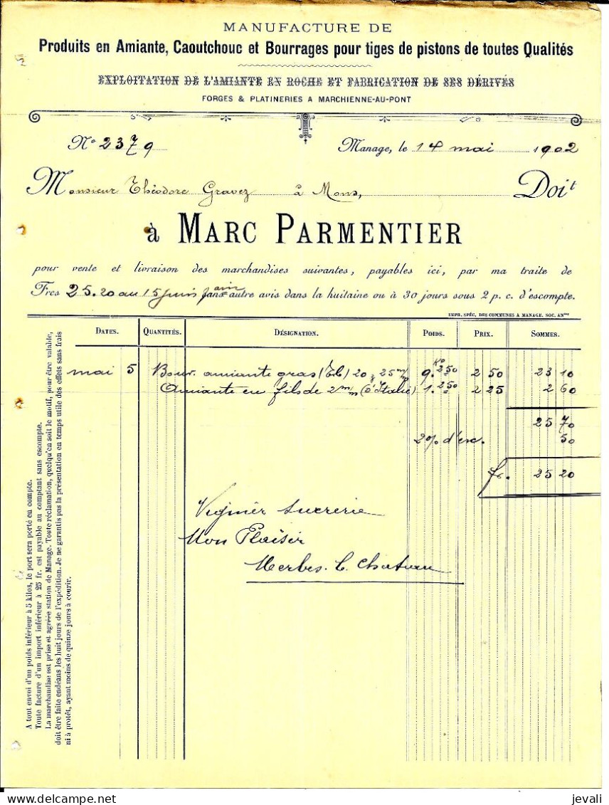 MANAGE   -   Marc Parmentier ( Aminate , Caoutchouc , Bourrages ......)  - 1902 - Other & Unclassified