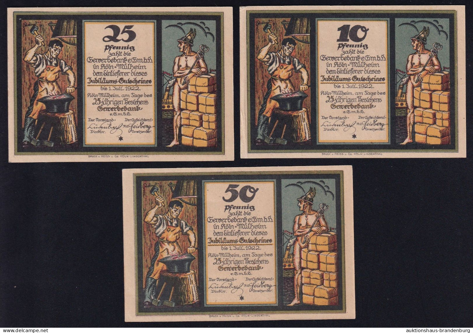 3x Köln-Mülheim: 10, 25 + 50 Pfennig 1922 - 25 Jahre Gewerbebank - Collections