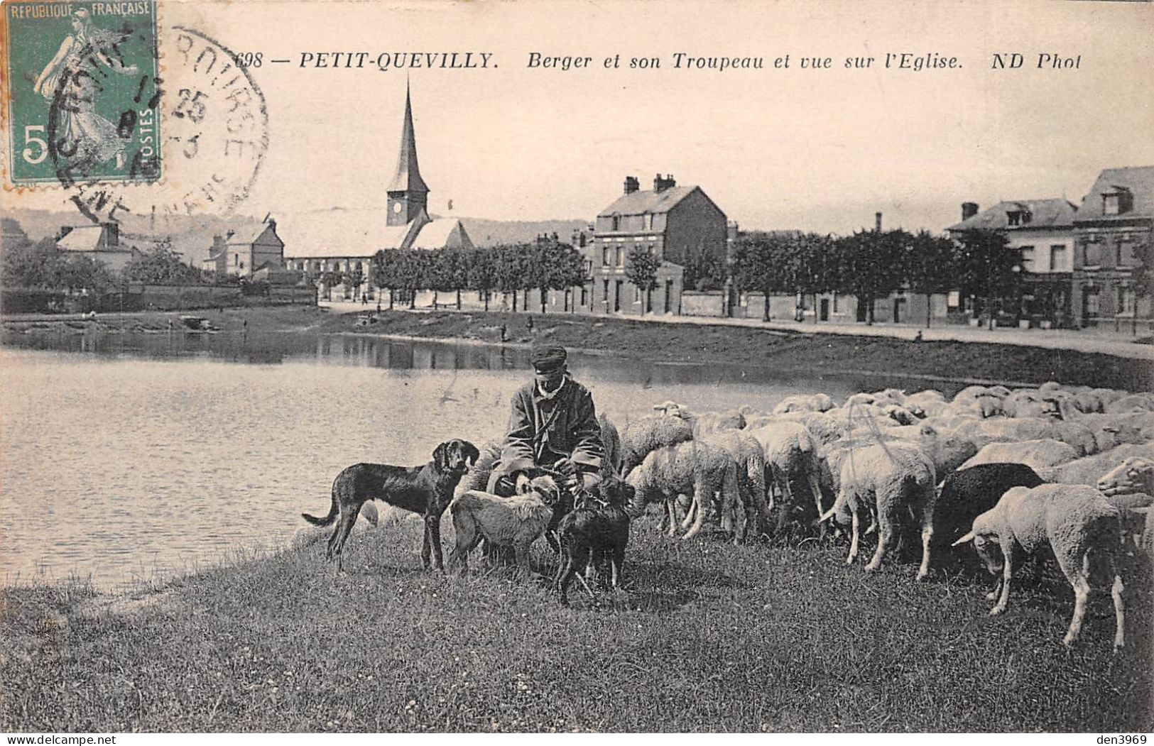 PETIT-QUEVILLY (Seine-Maritime) - Berger Et Son Troupeau Et Vue Sur L'Eglise - Chiens, Moutons - Voyagé 191? (2 Scans) - Le Petit-Quevilly