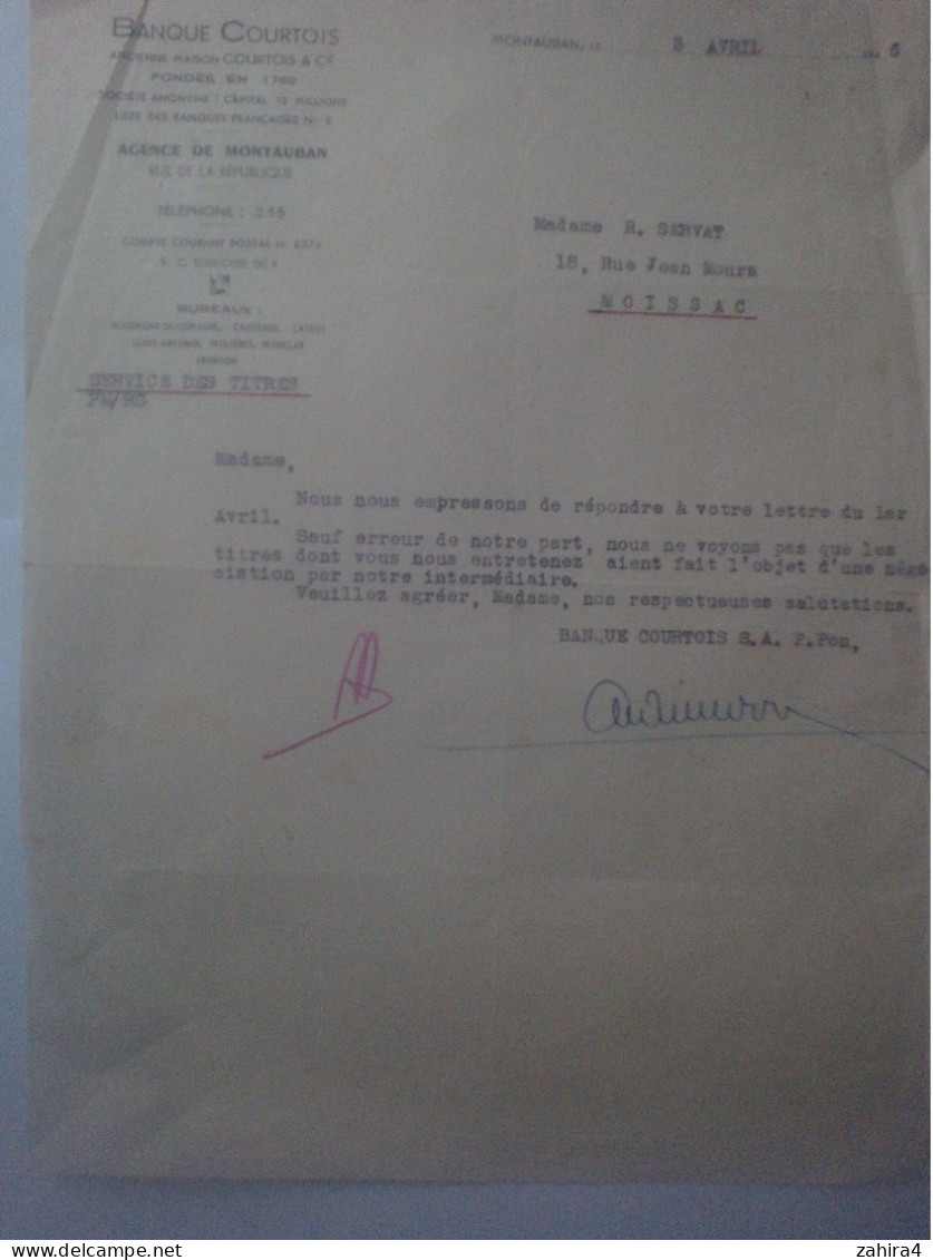 Banque Courtois Agence Montauban T. Et G. - 1 Courrier Titres N-ont Pas Fait Objet De Négociation ! - Banco & Caja De Ahorros