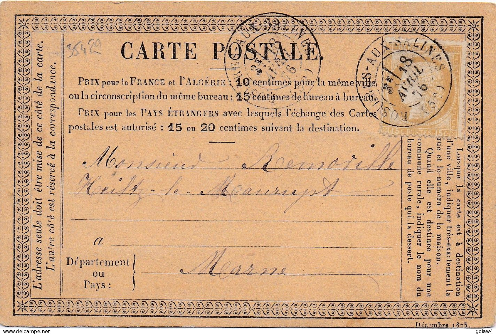 35429# CERES CARTE PRECURSEUR Obl ROSIERES AUX SALINES 18 AVRIL 1876 T17 MEURTHE ET MOSELLE HEILTZ LE MAURUPT MARNE - Tarjetas Precursoras