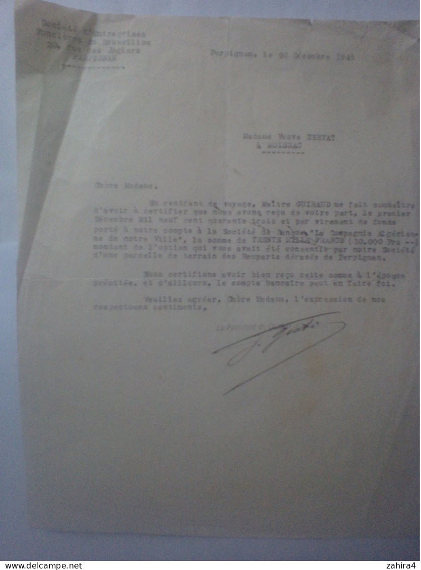 Société Entreprise Foncière Du Roussillon Perpignan Courrier à Vve X à Moissac T & G Recu De Banque La Cie Algérienne - Bank & Versicherung