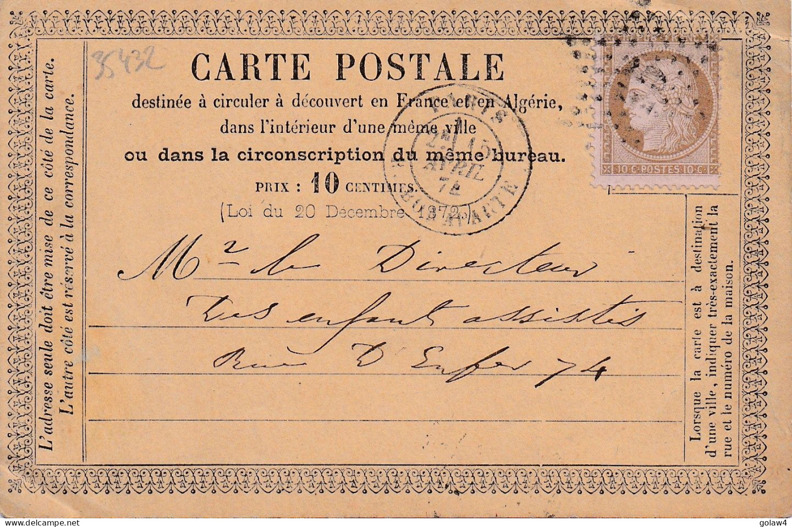 35432# CERES CARTE PRECURSEUR LOCALE Obl ETOILE 15 PARIS R. BONAPARTE 1874 - Cartes Précurseurs