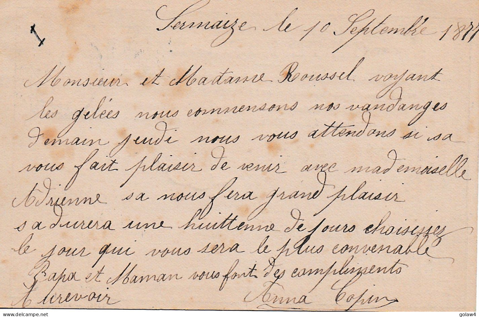 35435# SAGE CARTE PRECURSEUR Obl SERMAIZE S SAULX B. EPERN CONVOYEUR STATION 1877 BAR LE DUC MEUSE EPERNAY MARNE - Cartes Précurseurs