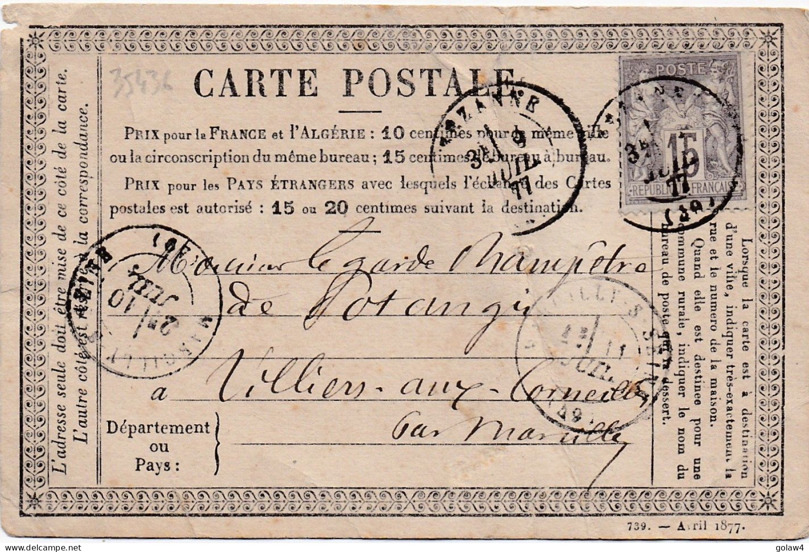 35436# SAGE CARTE PRECURSEUR Obl SEZANNE 1877 T17 MARNE Pour VILLIERS AUX CORNEILLES Par MARCILLY SUR SEINE - Cartes Précurseurs