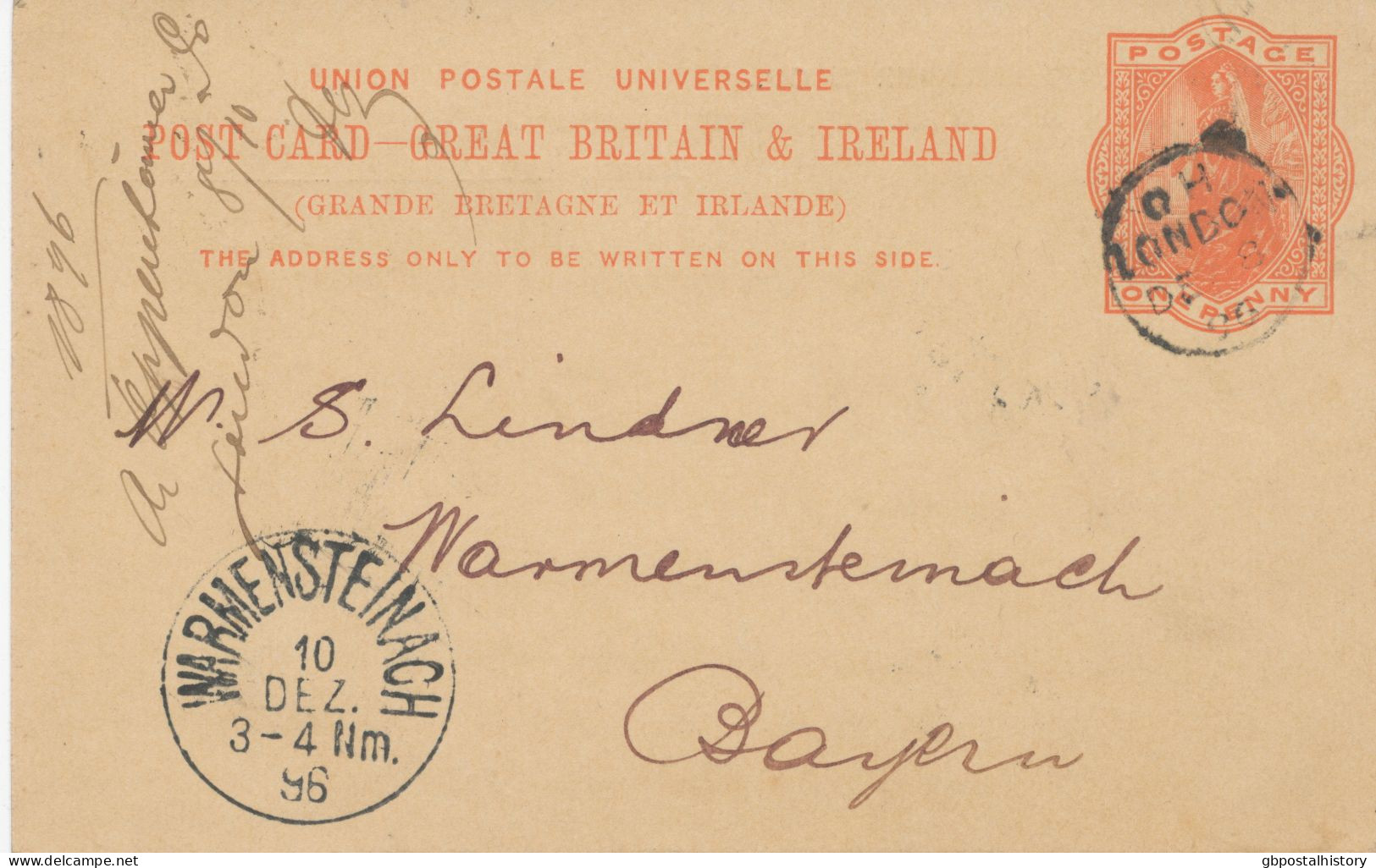 GB 1896 QV 1d Red Printed To Order Postal Stationery Postcard (A. Oppenheimer & Co., Cripplegate, London, E.C.) CDS Thim - Briefe U. Dokumente
