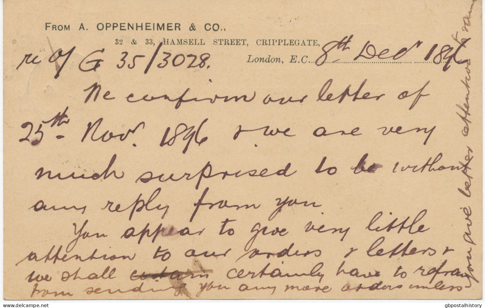 GB 1896 QV 1d Red Printed To Order Postal Stationery Postcard (A. Oppenheimer & Co., Cripplegate, London, E.C.) CDS Thim - Briefe U. Dokumente
