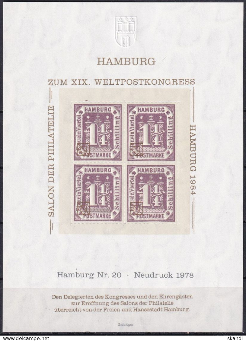 HAMBURG 1978 Mi-Nr. 20 Zum XIX. Weltpostkongress 1978 Nachdruck Vignette - Hamburg