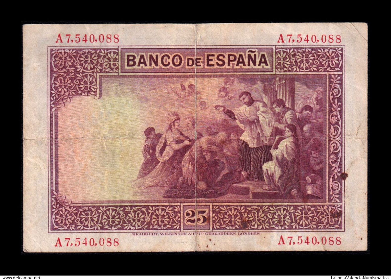 España Spain 25 Pesetas San Francisco Xavier 1926 Pick 71b Con Sello En Seco Serie A Bc/Mbc F/Vf - 25 Peseten