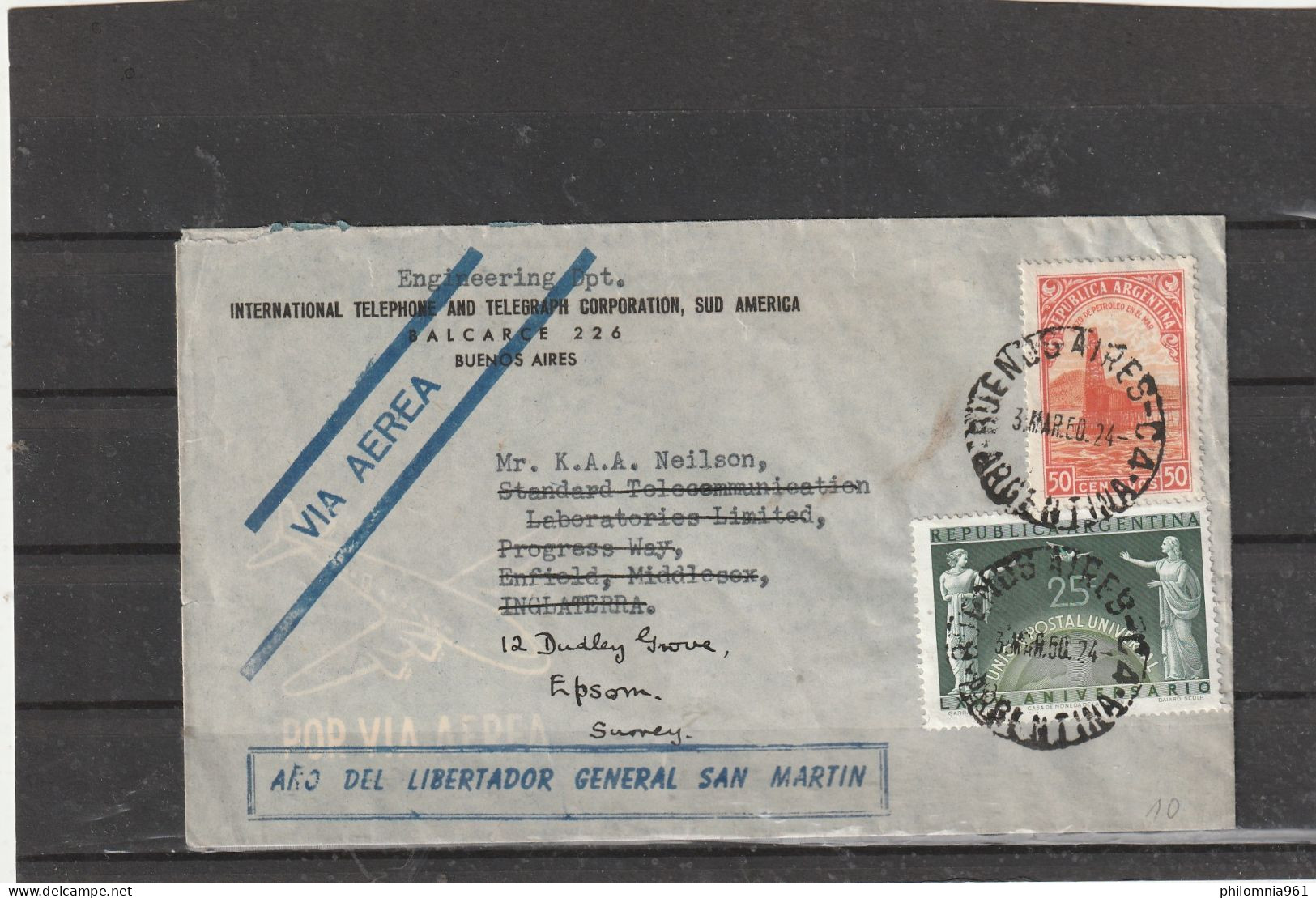 Argentina ANO DEL LIBERTADOR GENERAL SAN MARTIN AIRMAIL COVER To Great Britain 1950 - Aéreo