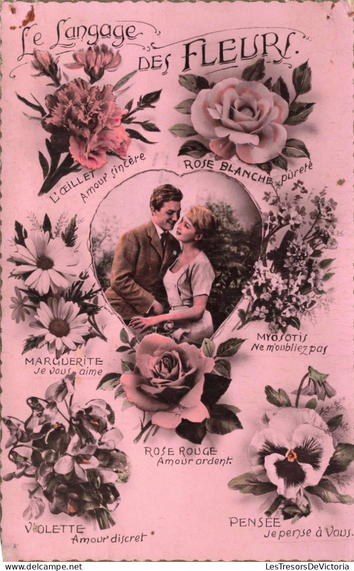 FANTAISIE - Couple - Amour - Fleurs - Le Langage Des Fleurs - Carte Postale Ancienne - Altri & Non Classificati