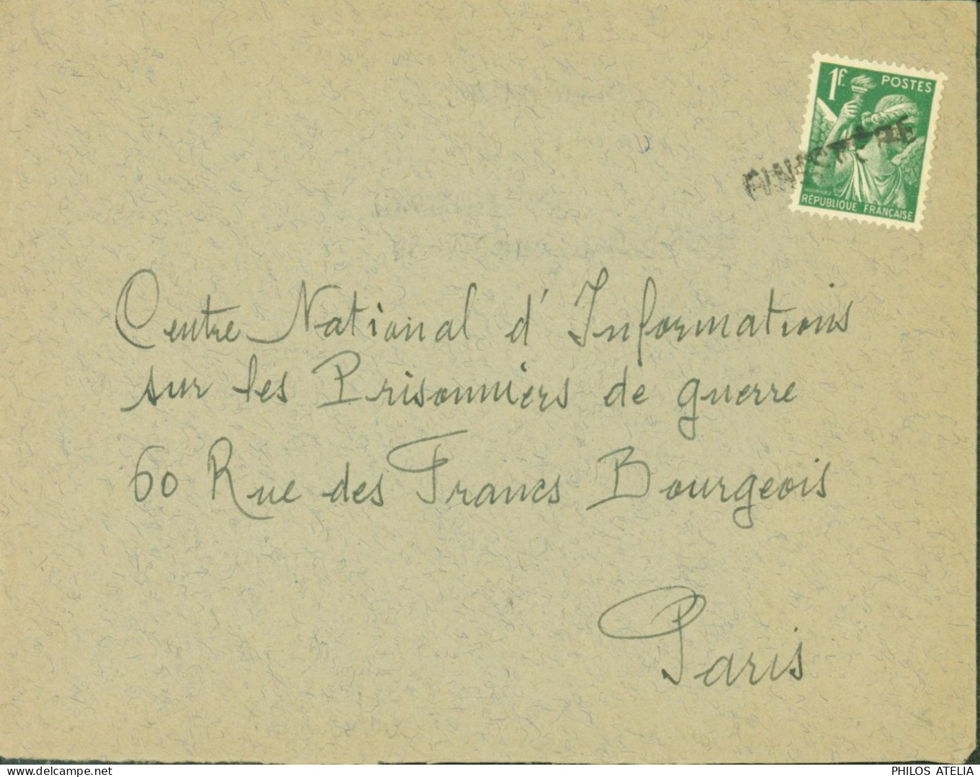 Guerre 40 Cachet Oblitération Provisoire Finistère Sur YT Iris N°432 Vert 1F Lettre De St Saint Évarzec Finistère - 2. Weltkrieg 1939-1945