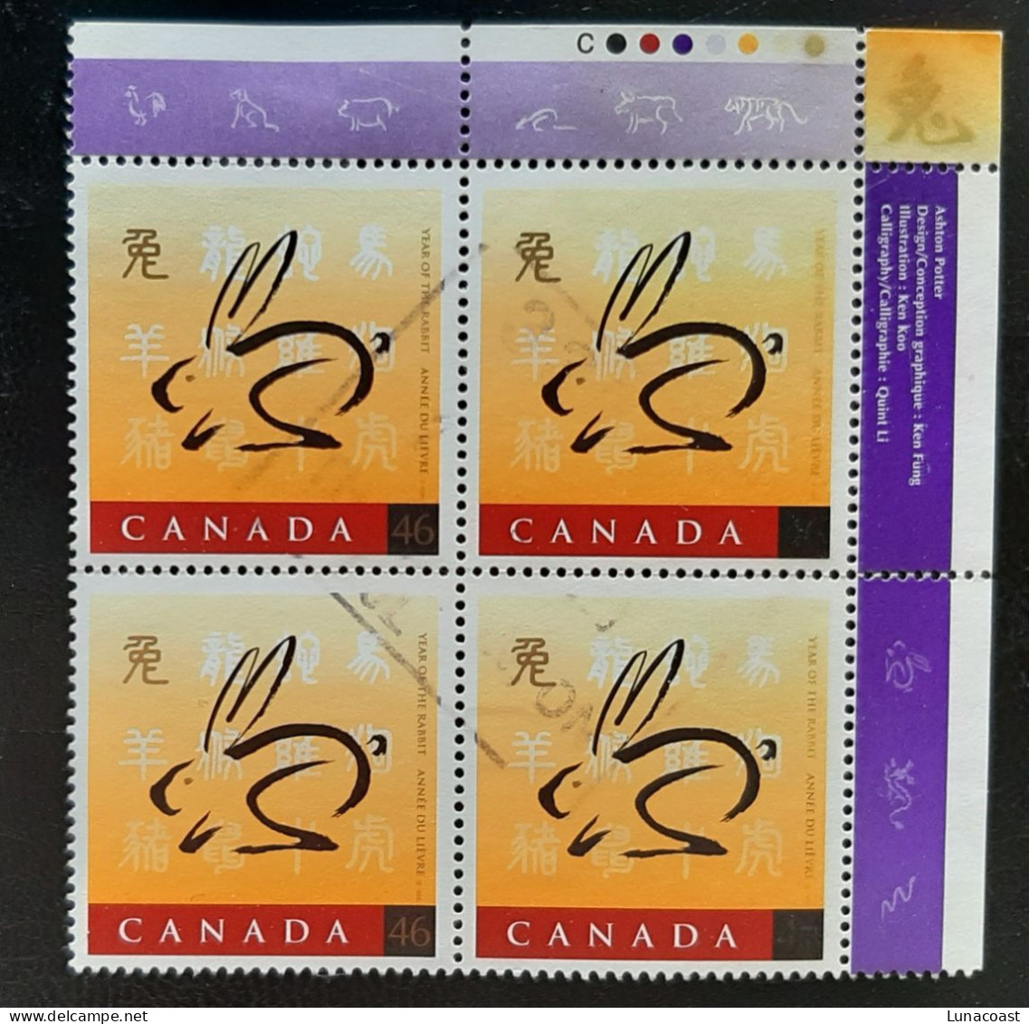 Canada 1999  USED Sc 1767   46c PB Of 4, Year Of The Rabbit - Oblitérés