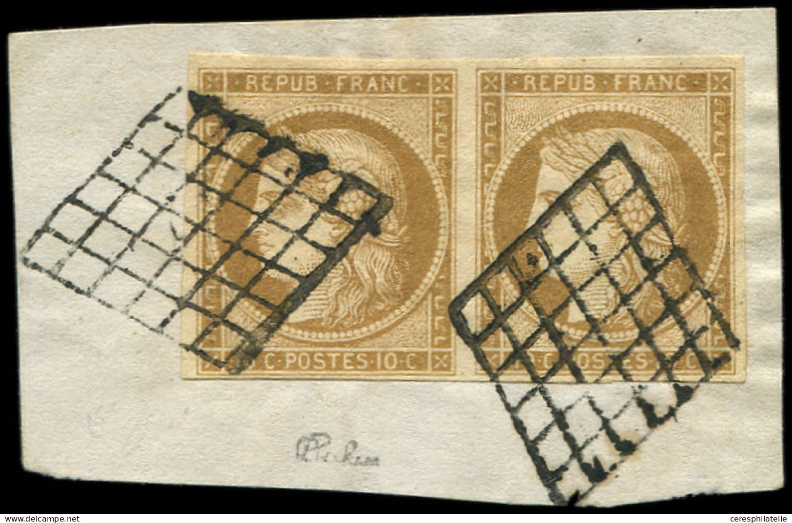 EMISSION DE 1849 - 1a   10c. Bistre-brun, PAIRE Obl. GRILLE S. Fragt, TB. C - 1849-1850 Cérès