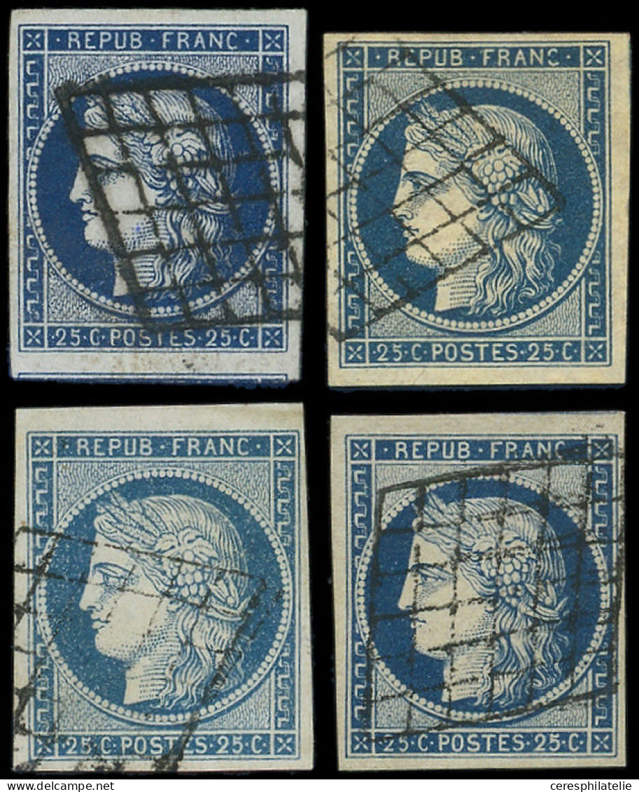 EMISSION DE 1849 - 4    25c. Bleu, 4 Nuances De Bleu à Bleu Très Foncé, Obl. GRILLE, Grandes Marges, TB - 1849-1850 Cérès