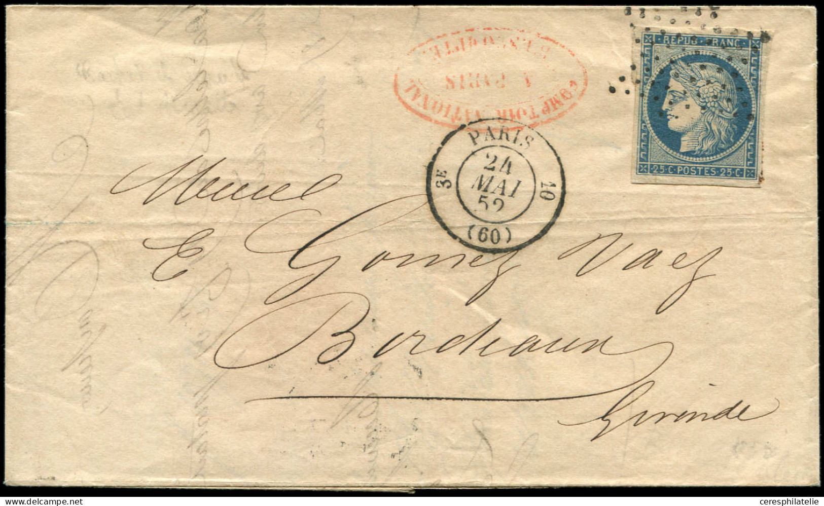 Let EMISSION DE 1849 - 4    25c. Bleu, Obl. ETOILE S. LAC, Càd 3e PARIS 10 24/5/52, TTB - 1849-1876: Periodo Clásico