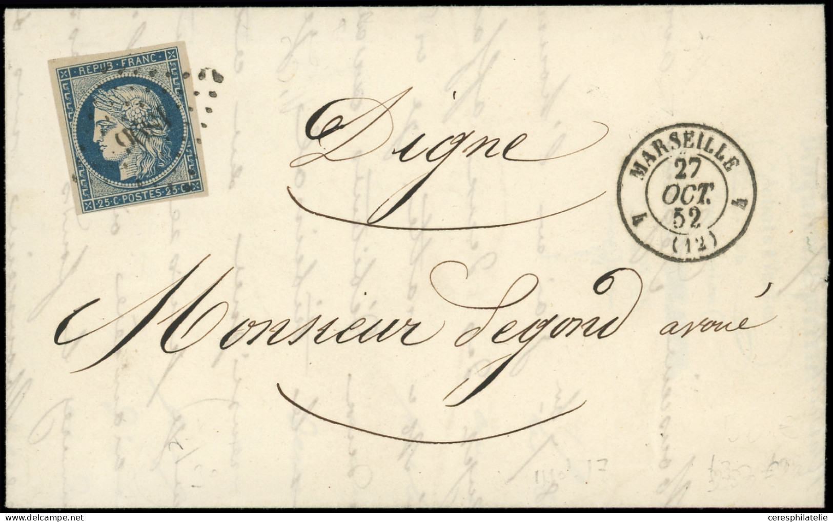Let EMISSION DE 1849 - 4a   25c. Bleu Foncé, Obl. PC 1896 S. LAC, Càd 4 MARSEILLE 4 27/10/52, Superbe - 1849-1876: Klassik