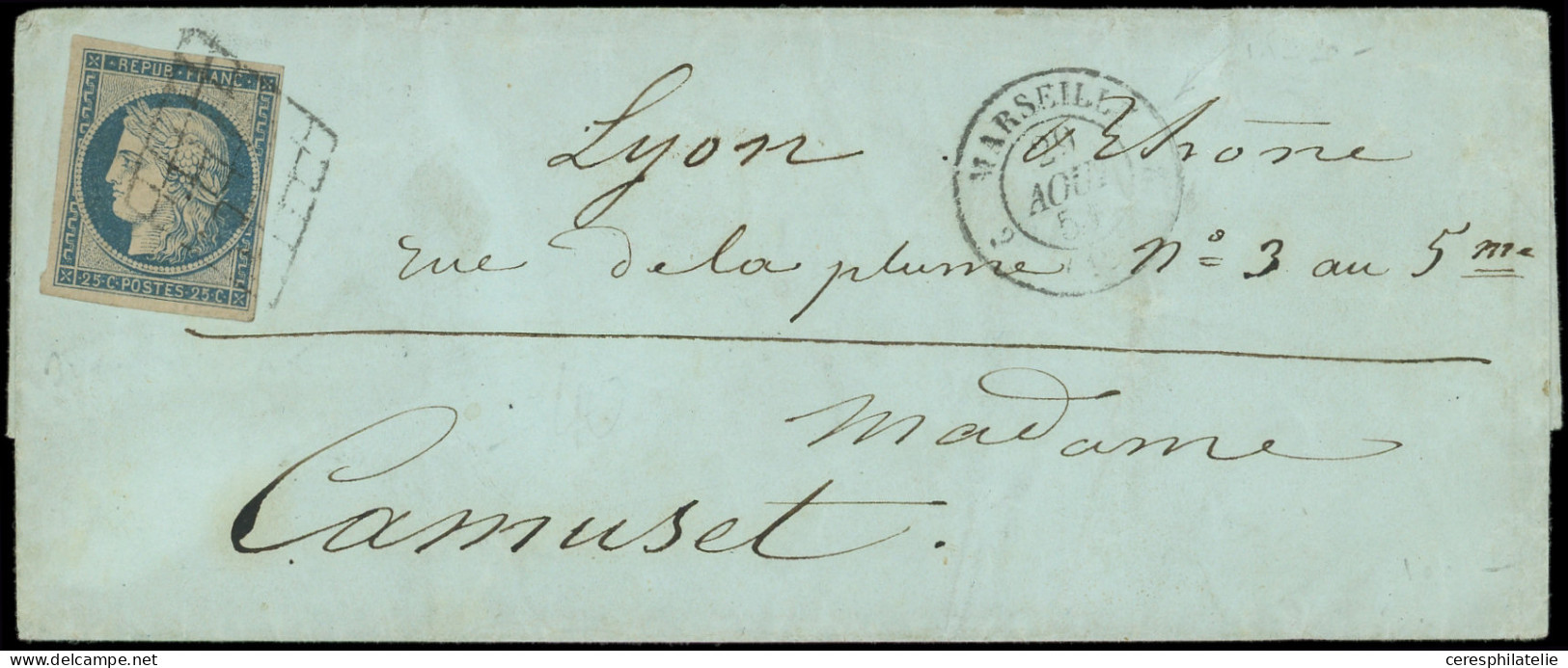 Let EMISSION DE 1849 - 4b   25c. Bleu Sur Jaune, Obl. GRILLE S. LSC, Càd 2 MARSEILLE 2 (ind. 20) 29/8/51, TB - 1849-1876: Periodo Classico