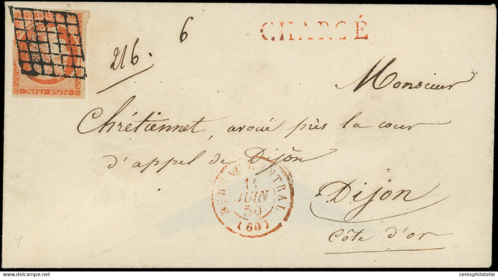 Let EMISSION DE 1849 - 5    40c. Orange, Touché à Droite, Obl. GRILLE S. Env. CHARGE, Càd Rouge BUREAU CENTRAL 11/6/50,  - 1849-1876: Période Classique