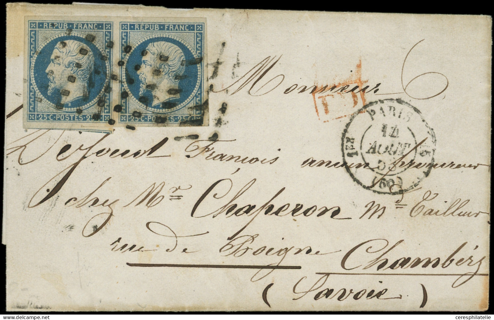 Let PRESIDENCE - 10   25c. Bleu, PAIRE Très Bien Margée Obl. GROS POINTS S. LAC, Càd PARIS 14/8/53, Arr. CHAMBERY Etats  - 1849-1876: Période Classique