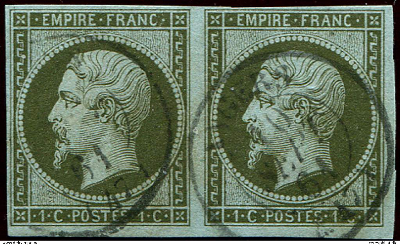 EMPIRE NON DENTELE - 11    1c. Olive, PAIRE Obl. Càd, TB, Cote Cérès - 1853-1860 Napoléon III
