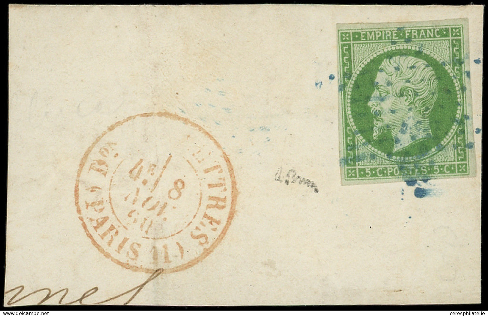 EMPIRE NON DENTELE - 12a   5c. Vert-jaune, Obl. ETOILE BLEUE S. Petit Fragt Avec Càd Rouge T1360 Don DES LETTRES (PARIS - 1853-1860 Napoleone III