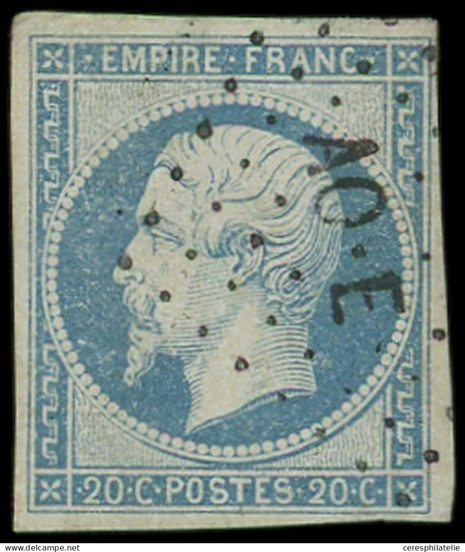 EMPIRE NON DENTELE - 14A  20c. Bleu, T I, Obl. Los. AO-E, TB - 1853-1860 Napoléon III.