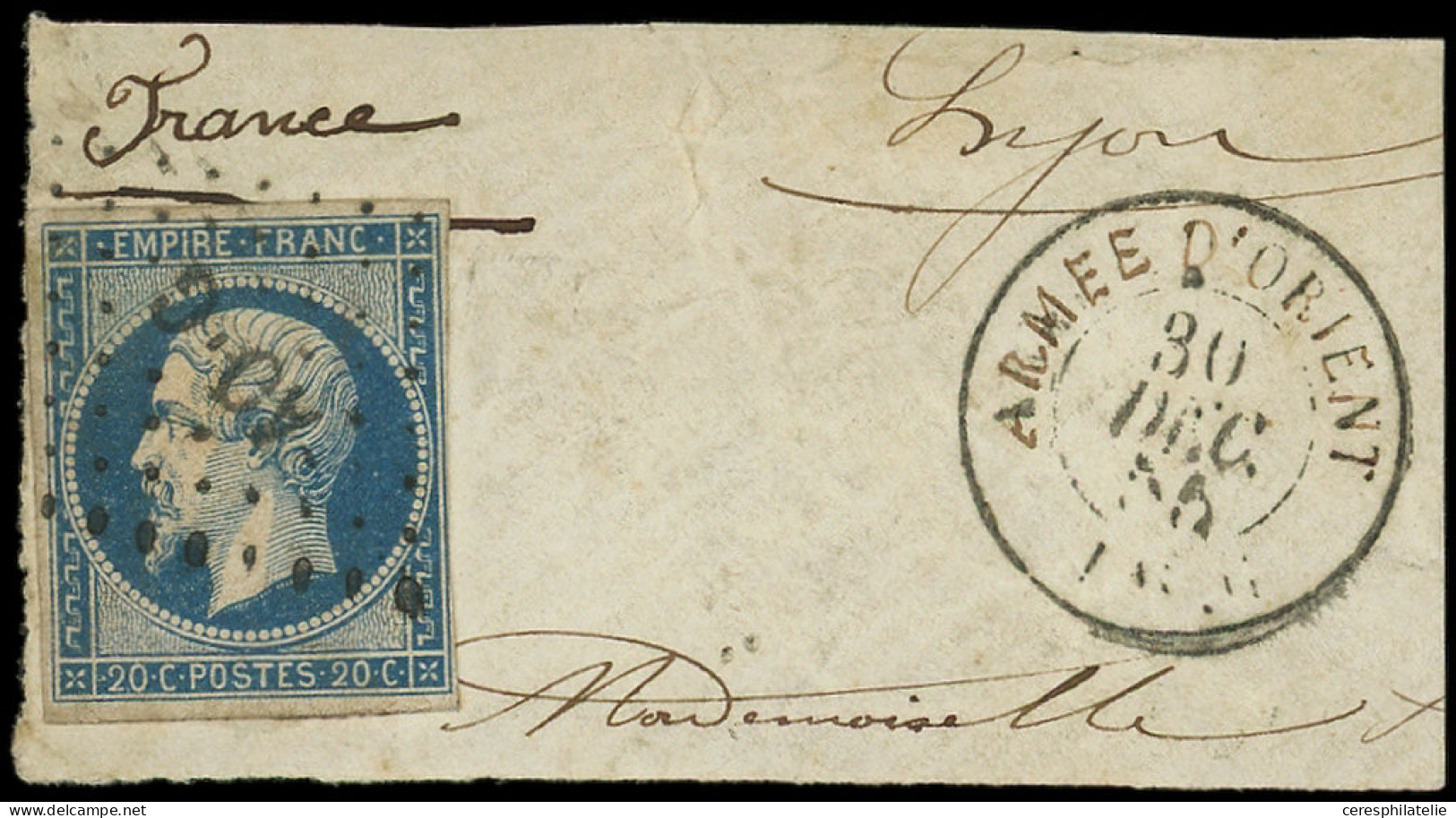 EMPIRE NON DENTELE - 14A  20c. Bleu, T I, Obl. Los. AO.G Sur Fragt, Càd ARMEE D'ORIENT BAU G 30/12/56, TB - 1853-1860 Napoléon III